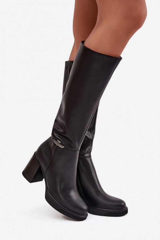 Kozaki Muszkieterki DamskiewithNaturalnej Skóry Na Słupku Ocieplane Vinceza 66826 Czarne