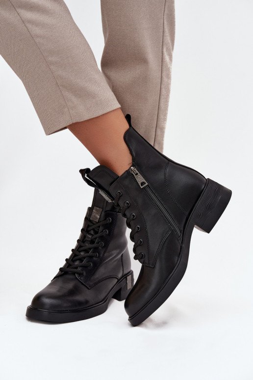 Leather Women's Ankle Boots Low Heel Vinceza 66818 Black