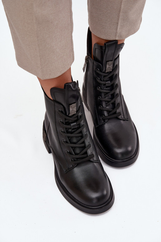 Leather Women's Ankle Boots Low Heel Vinceza 66818 Black