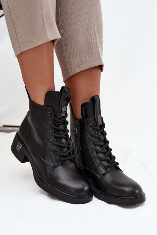 Leather Women's Ankle Boots Low Heel Vinceza 66818 Black