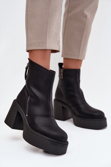 Leather Insulated Women's Ankle Boots with Heel and Platform Vinceza 66831 Black