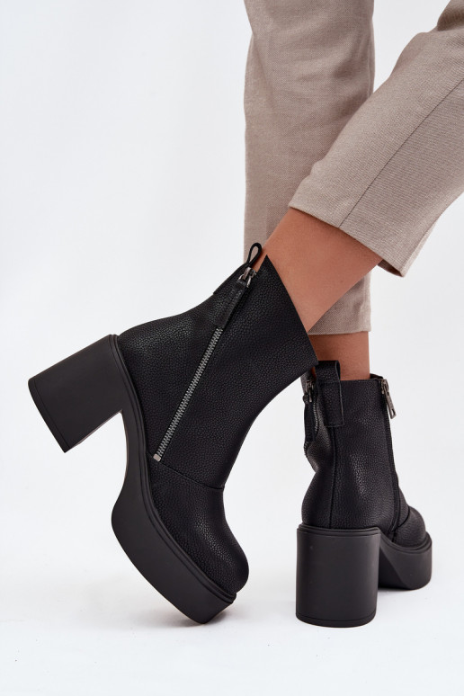 Skórzane Ocieplane Botki Damskie Na Słupku I Platformie Vinceza 66831 Czarne