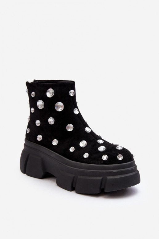 Suede Lined Winter Boots with Crystals D A MR52-205 Black Botki Damskie