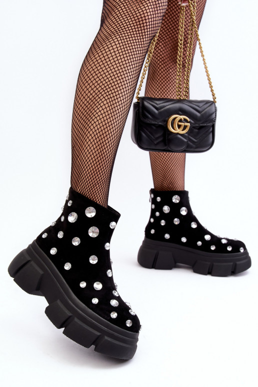 Suede Lined Winter Boots with Crystals D A MR52-205 Black Botki Damskie