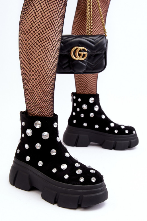 Suede Lined Winter Boots with Crystals D A MR52-205 Black Botki Damskie