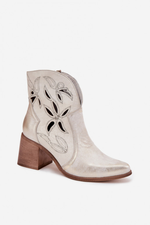 Botki Damskie AżurowewithNaturalnej Skóry Na Słupku Zazoo 3690 Złoty Przecierany