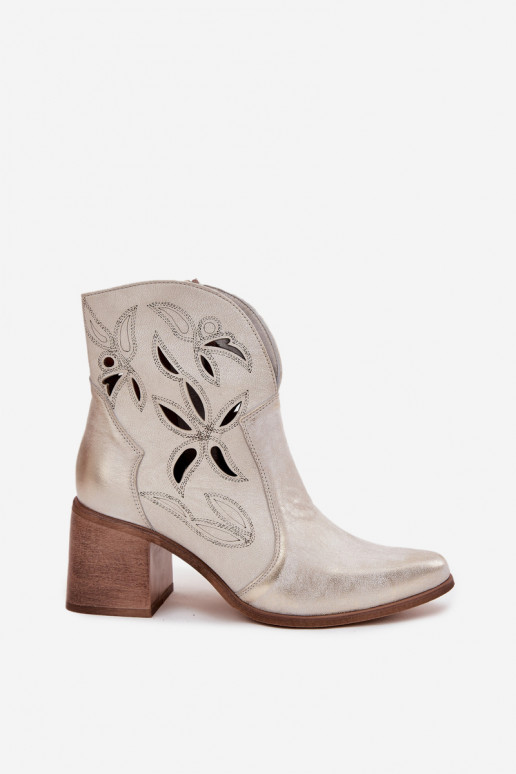 Botki Damskie AżurowewithNaturalnej Skóry Na Słupku Zazoo 3690 Złoty Przecierany