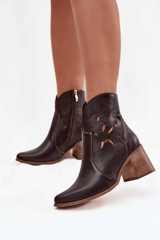 Women's perforated ankle boots made of genuine leather on a heel Zazoo 3690 chocolate