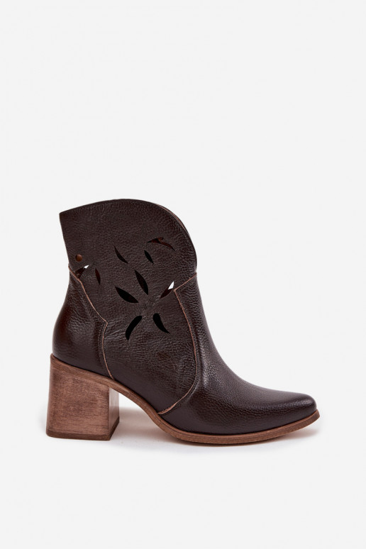 Women's perforated ankle boots made of genuine leather on a heel Zazoo 3690 chocolate