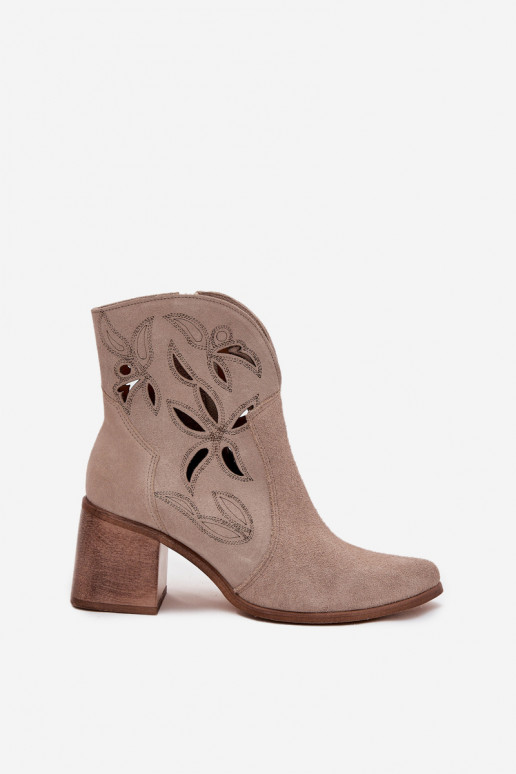 Women's openwork suede boots on heel Zazoo 3690 beige