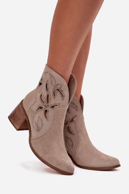 Women's openwork suede boots on heel Zazoo 3690 beige
