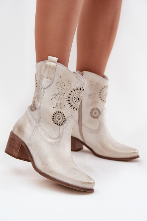 Suede Leather Women's Ankle Boots Perforated High Heel Zazoo 3844 Gold Distressed