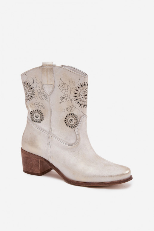 Suede Leather Women's Ankle Boots Perforated High Heel Zazoo 3844 Gold Distressed