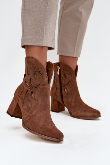 Suede Perforated Women's Ankle Boots on Heel Zazoo 3647 Brown 2