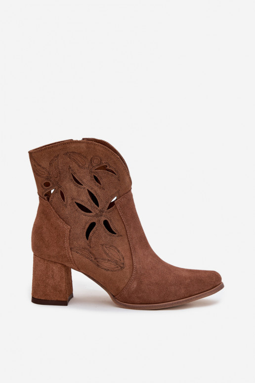 Suede Perforated Women's Ankle Boots on Heel Zazoo 3647 Brown