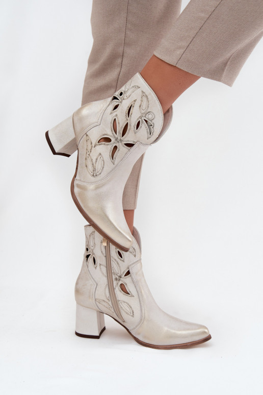 Leather Pierced Women's Ankle Boots On Heel Zazoo 3647 Gold Worn