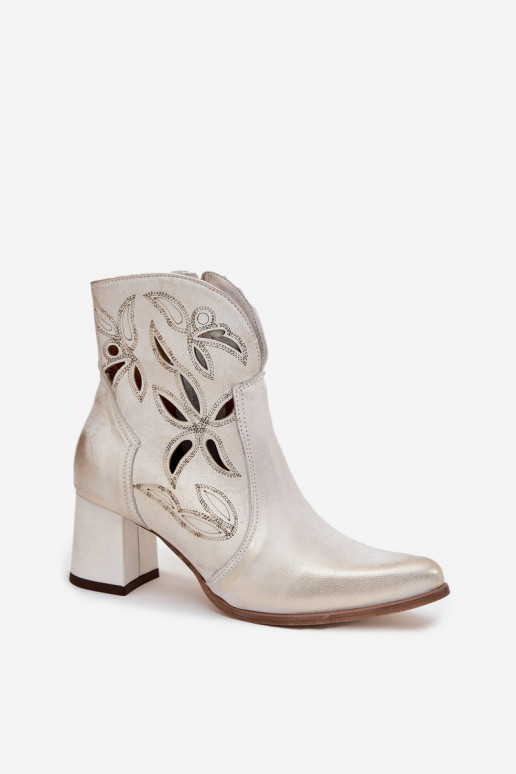 Skórzane Ażurowe Botki Damskie Na Słupku Zazoo 3647 Złoty Przecierany