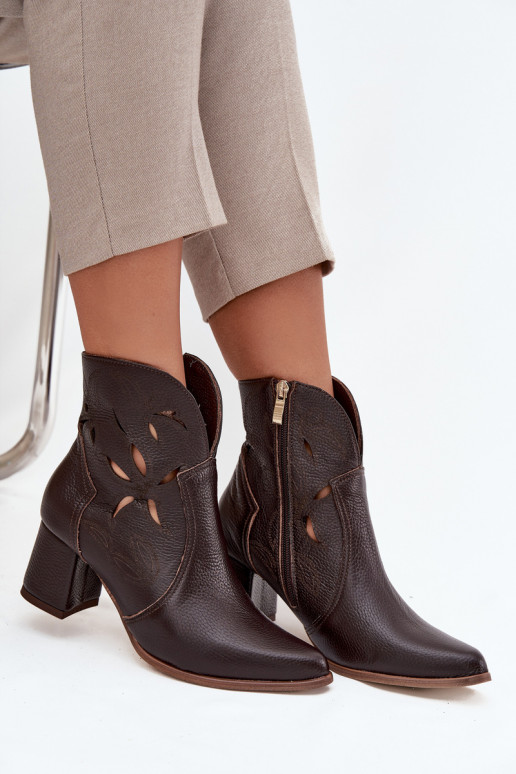 Leather Openwork Women's Ankle Boots On Heel Zazoo 3647 Chocolate