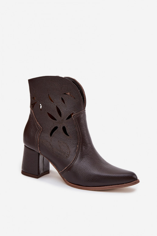 Leather Openwork Women's Ankle Boots On Heel Zazoo 3647 Chocolate