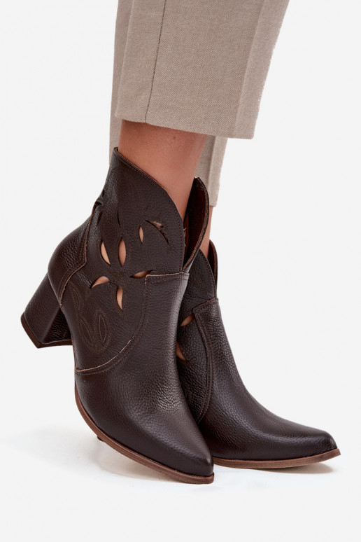 Leather Openwork Women's Ankle Boots On Heel Zazoo 3647 Chocolate