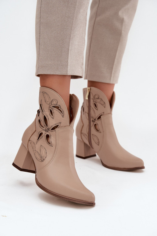 Leather Openwork Women's Ankle Boots On Heel Zazoo 3647 Light Beige