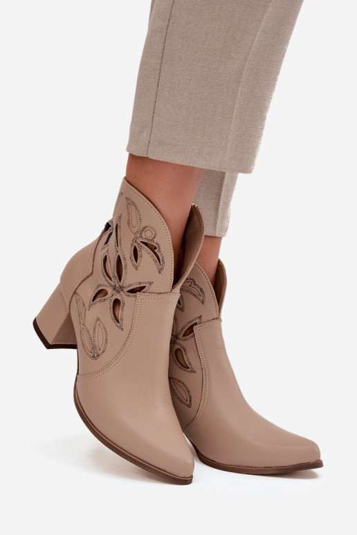 Leather Openwork Women's Ankle Boots On Heel Zazoo 3647 Light Beige