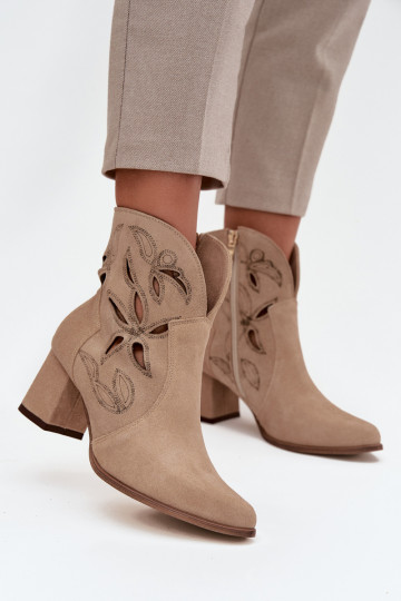 Suede openwork women's ankle boots on heel Zazoo 3647 beige 2