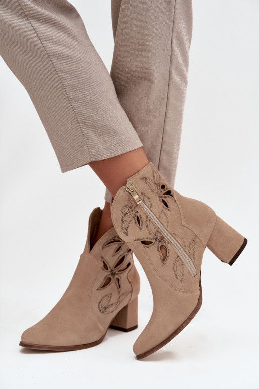 Suede openwork women's ankle boots on heel Zazoo 3647 beige