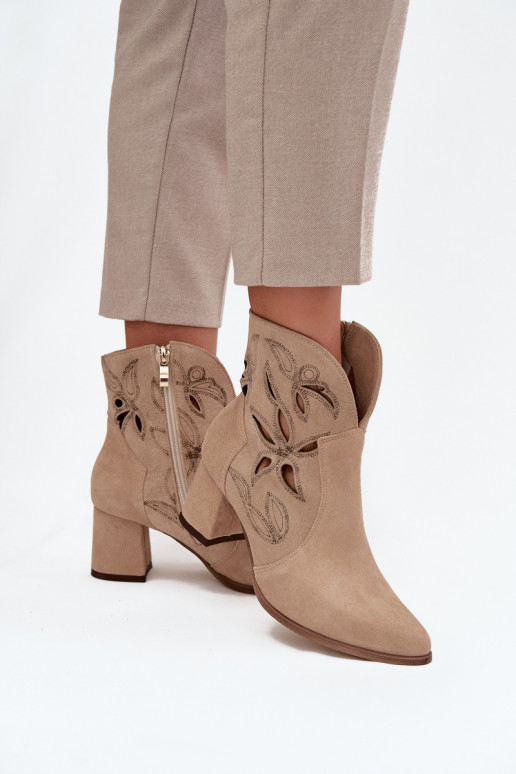 Suede openwork women's ankle boots on heel Zazoo 3647 beige