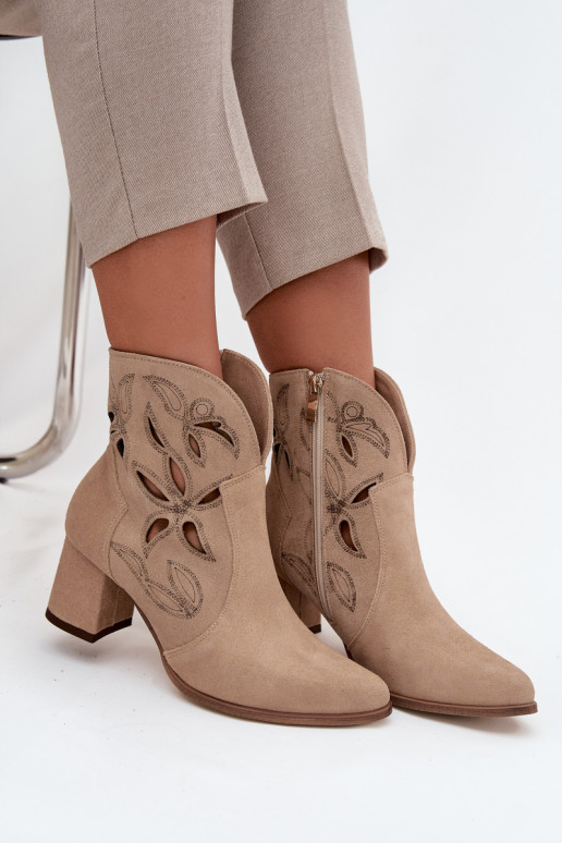 Suede openwork women's ankle boots on heel Zazoo 3647 beige