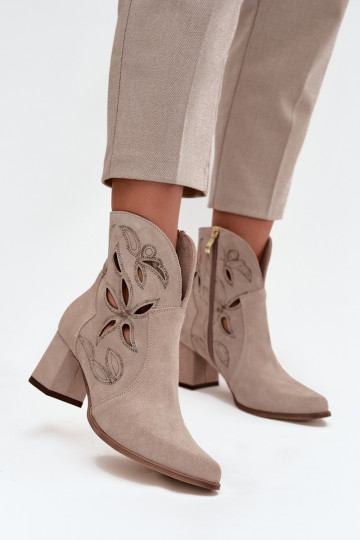Suede openwork women's ankle boots with heel Zazoo 3647 Cappuccino