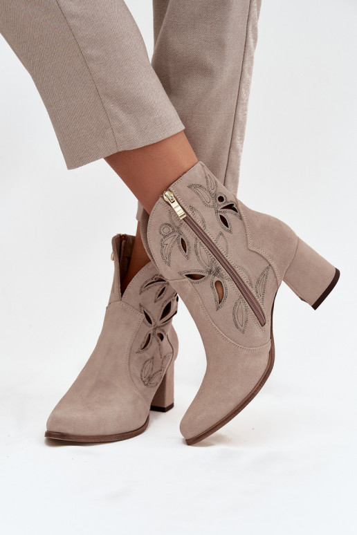 Suede openwork women's ankle boots with heel Zazoo 3647 Cappuccino