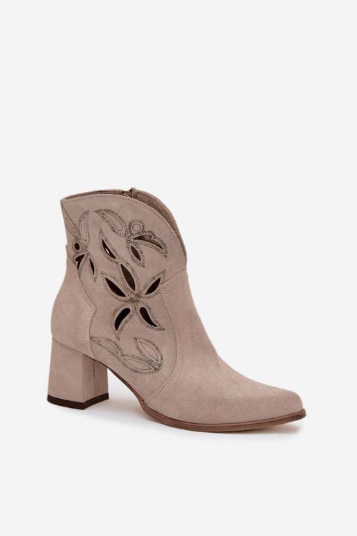 Suede openwork women's ankle boots with heel Zazoo 3647 Cappuccino