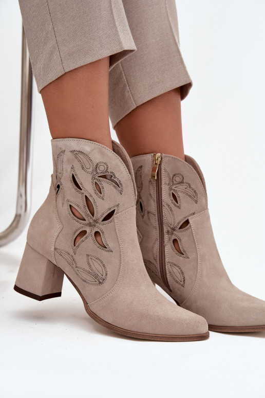 Suede openwork women's ankle boots with heel Zazoo 3647 Cappuccino