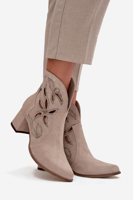 Suede openwork women's ankle boots with heel Zazoo 3647 Cappuccino