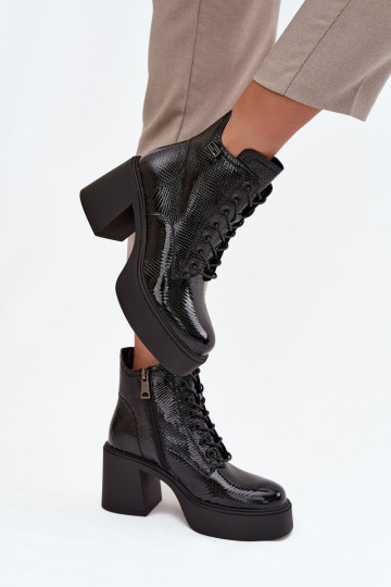 Patent leather leather women's ankle boots on platform and heel Vinceza 66817 black