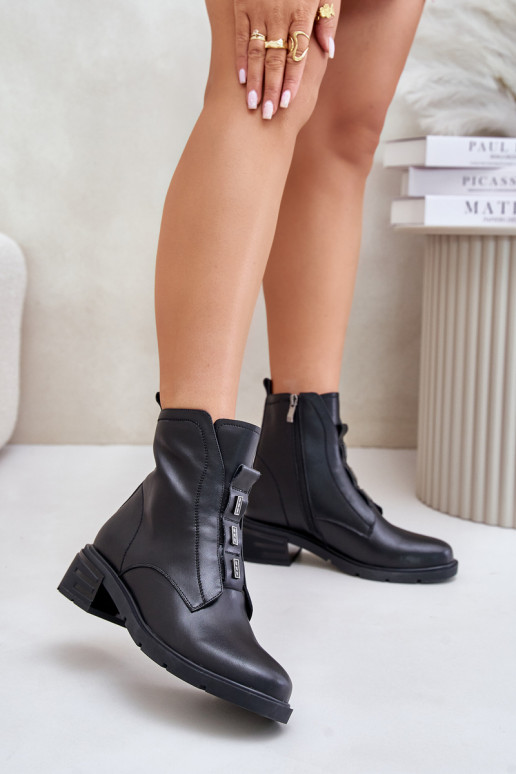 Leather Ankle Boots With Zipper Insulated Black Olidrila