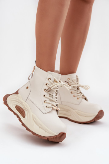 Leather Insulated Women's Ankle Boots On Platform GOE SS2N4300 Light Beige 2