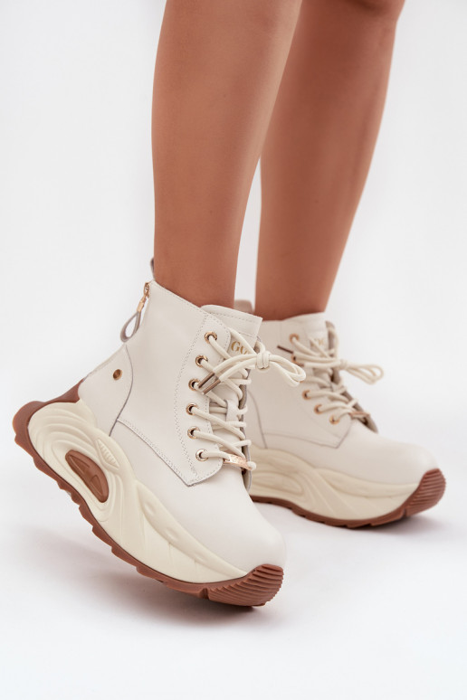 Skórzane Ocieplane Botki Damskie Na Platformie GOE SS2N4300 Jasnobeżowe