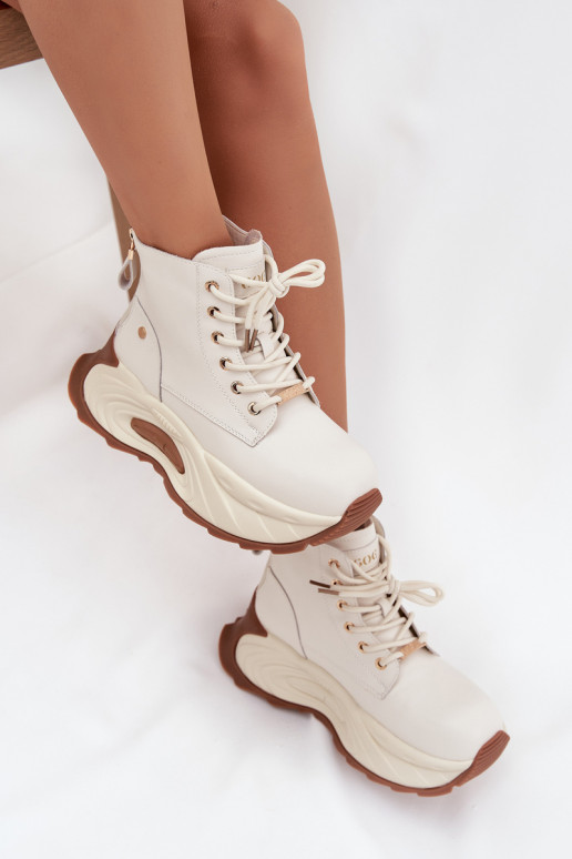 Leather Insulated Women's Ankle Boots On Platform GOE SS2N4300 Light Beige