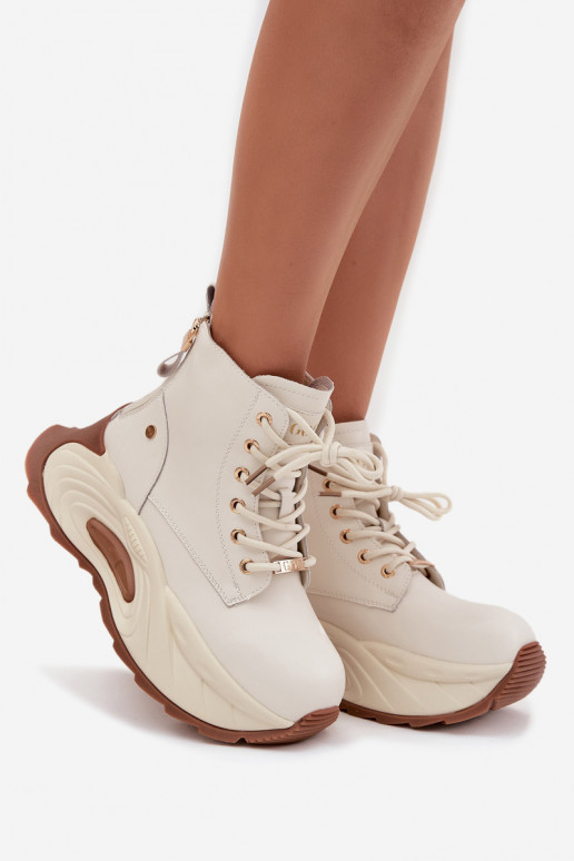 Leather Insulated Women's Ankle Boots On Platform GOE SS2N4300 Light Beige