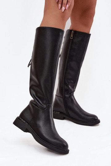 Insulated Women's Leather Boots Flat Heel Vinceza 66822 Black