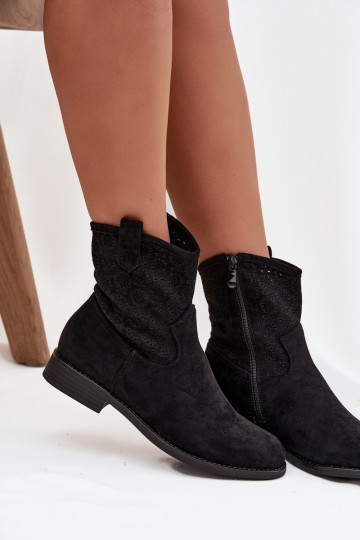 Women's Flat Heel Ankle Boots with Openwork Pattern S.Barski HY52-530 Black