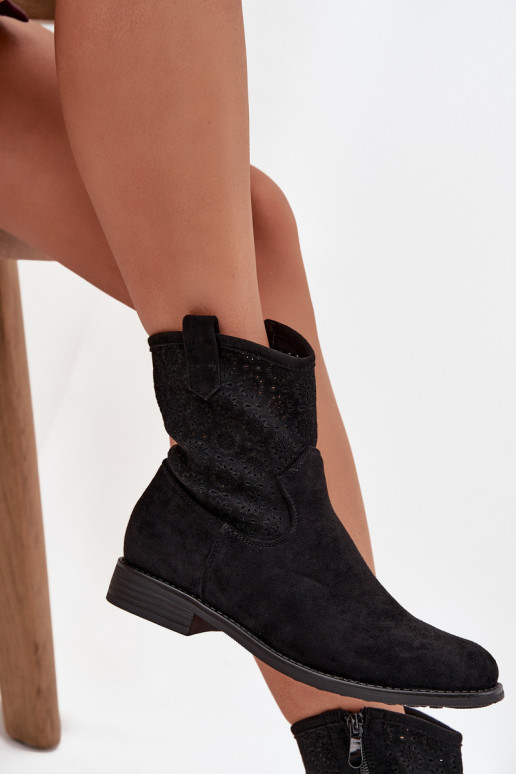 Women's Flat Heel Ankle Boots with Openwork Pattern S.Barski HY52-530 Black