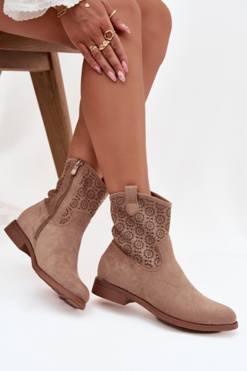 Women's Flat Heeled Ankle Boots with Openwork Pattern S. HY52-530 Beige