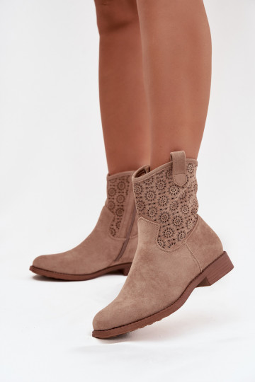 Women's Flat Heeled Ankle Boots with Openwork Pattern S. HY52-530 Beige 2