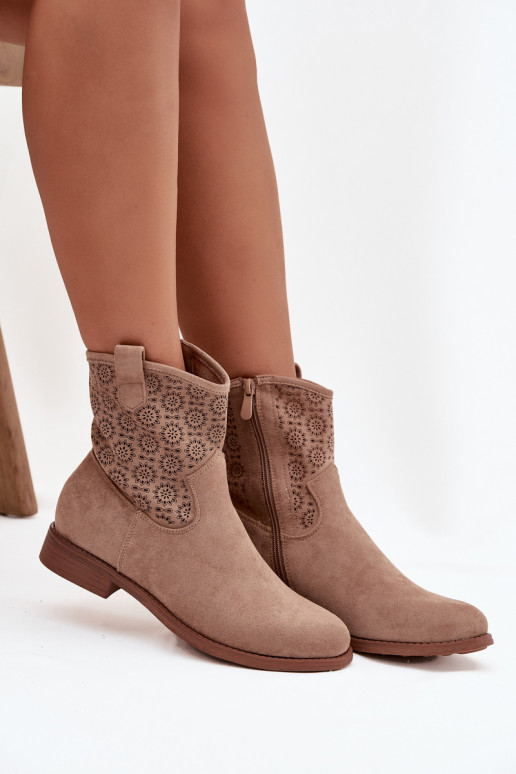Women's Flat Heeled Ankle Boots with Openwork Pattern S. HY52-530 Beige