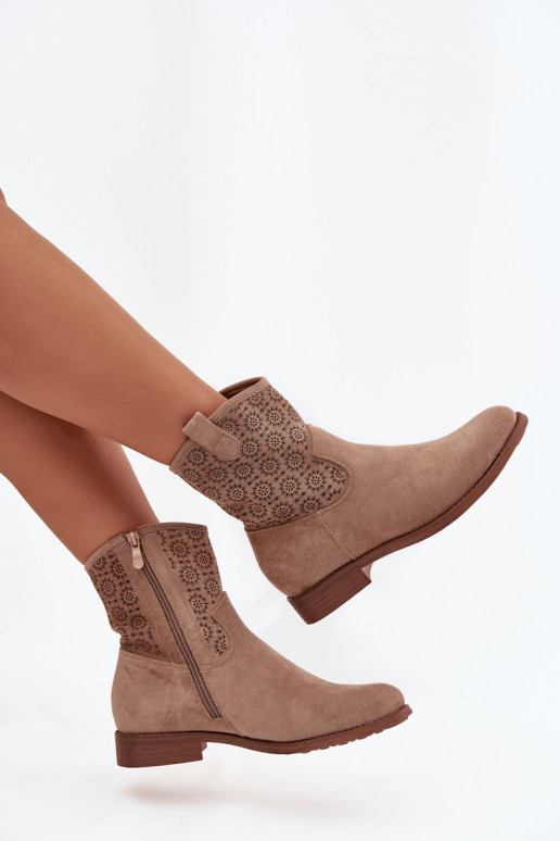 Women's Flat Heeled Ankle Boots with Openwork Pattern S. HY52-530 Beige