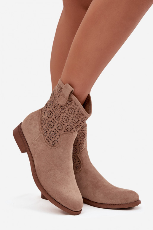 Women's Flat Heeled Ankle Boots with Openwork Pattern S. HY52-530 Beige
