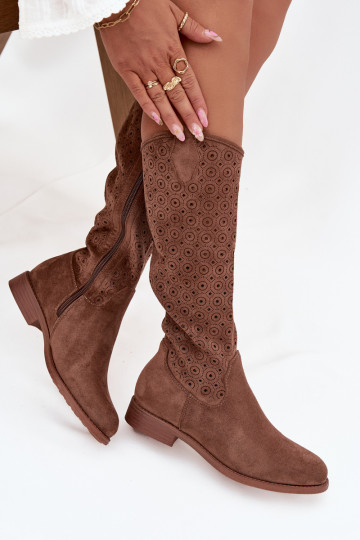 Women's Flat Heeled Boots with Perforated Pattern S.Barski HY52-531 Brown